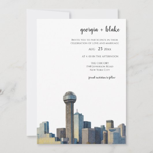 Dallas Texas Skyline Wedding Invitation Kaart (Voorkant)