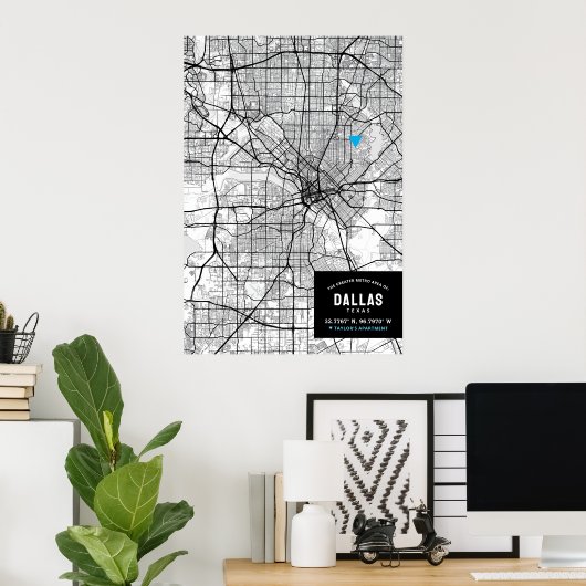 Dallas, Texas Stadsplattegrond + Markeer uw locati Poster (Thuiskantoor)