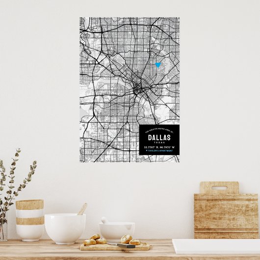 Dallas, Texas Stadsplattegrond + Markeer uw locati Poster (Keuken)