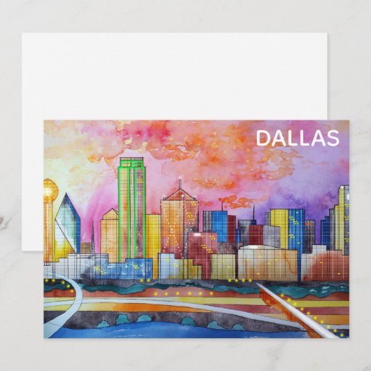 Dallas Texas Waterverf City Skyline Flat Card (Voorkant / Achterkant)