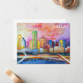 Dallas Texas Waterverf City Skyline Notitiekaartje (Voorkant / Achterkant in situ)