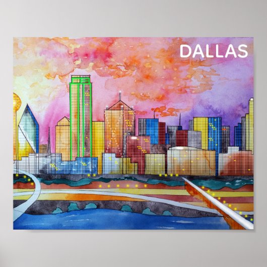 Dallas Texas Waterverf City Skyline Poster (Voorkant)