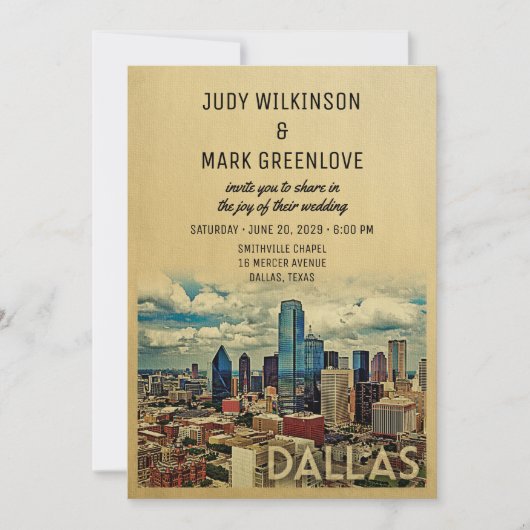 Dallas Texas Wedding Invitation Vintage Skyline Kaart (Voorkant)