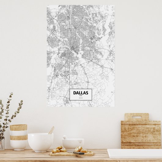 Dallas, Texas (zwart op wit) Poster (Keuken)