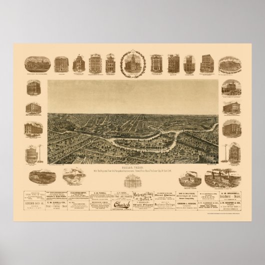 Dallas, TX Panorama Map - 1892 Poster (Voorkant)