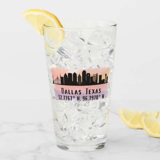 Dallas TX Skyline Latitude en Lengtegraad Glas (Voorkant ijs)