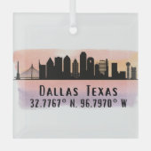 Dallas TX Skyline Latitude en Lengtegraad Glas Ornament (Voorkant)