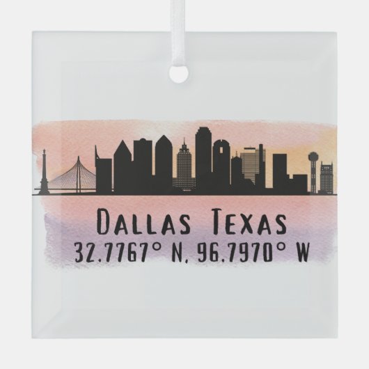 Dallas TX Skyline Latitude en Lengtegraad Glas Ornament (Voorkant)