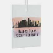 Dallas TX Skyline Latitude en Lengtegraad Glas Ornament (Voorkant Rechts)