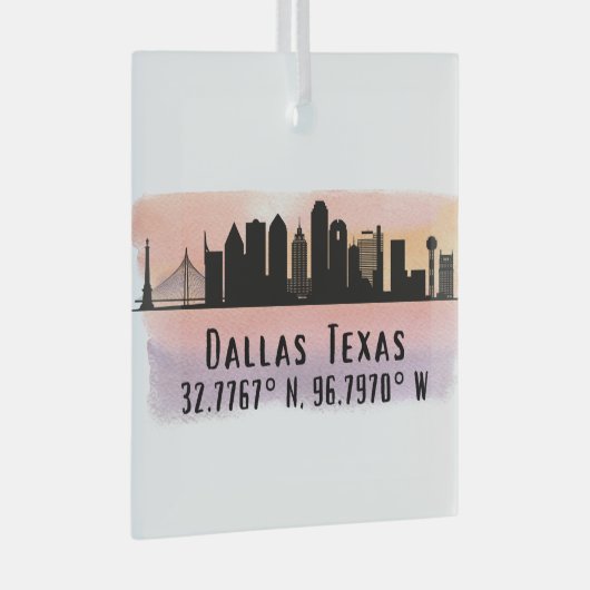 Dallas TX Skyline Latitude en Lengtegraad Glas Ornament (Voorkant Rechts)