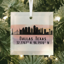 Dallas TX Skyline Latitude en Lengtegraad Glas Ornament