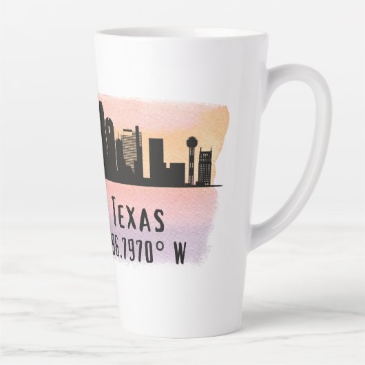 Dallas TX Skyline Latitude en Lengtegraad Latte Mok (Rechts)