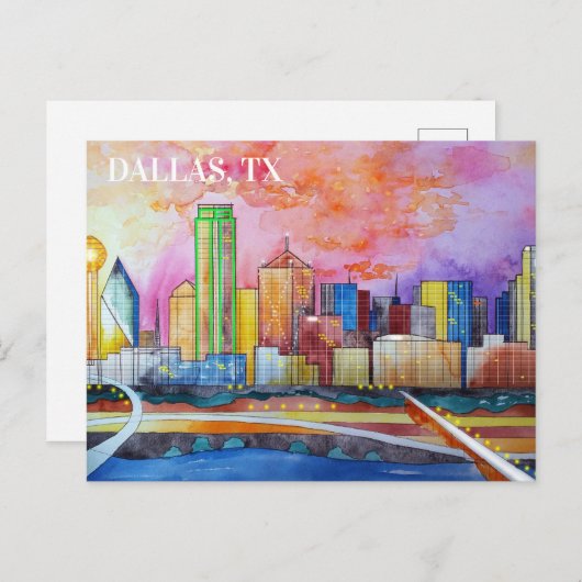 Dallas, Tx Waterverf Briefkaart (Voorkant / Achterkant)
