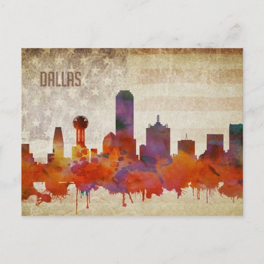 Dallas, TX | Waterverf City Skyline Briefkaart (Voorkant)