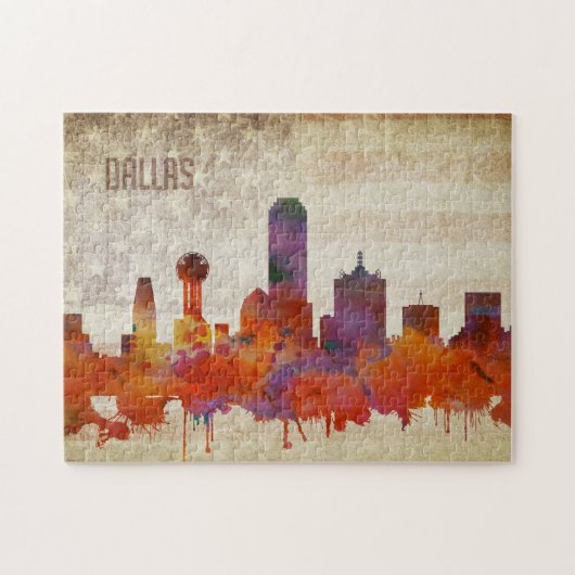 Dallas, TX | Waterverf City Skyline Legpuzzel (Horizontaal)