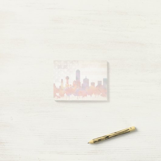 Dallas, TX | Waterverf City Skyline Post-it® Notes (Op bureau)