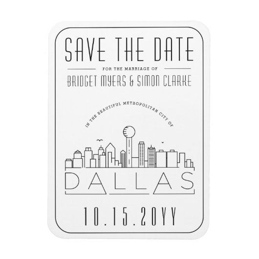 Dallas Wedding Stylized Skyline Save the Date Magneet (Verticaal)
