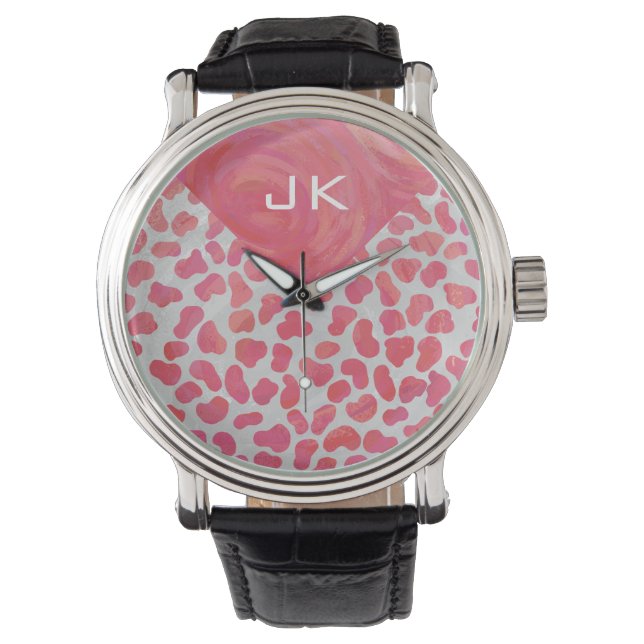 Dalmatiaans Roze en Wit met Monogram Horloge (Voorkant)
