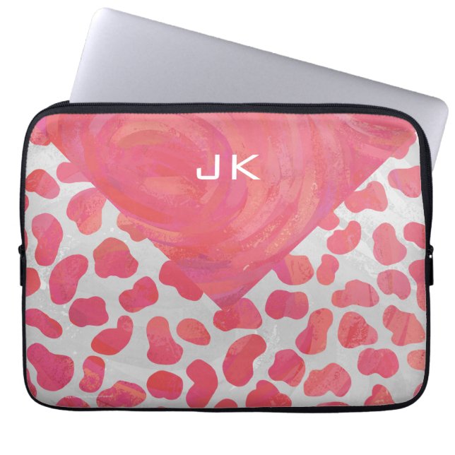 Dalmatiaans Roze en Wit met Monogram Laptop Sleeve (Voorkant)