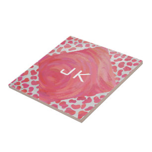 Dalmatiaans Roze en Wit met Monogram Tegeltje