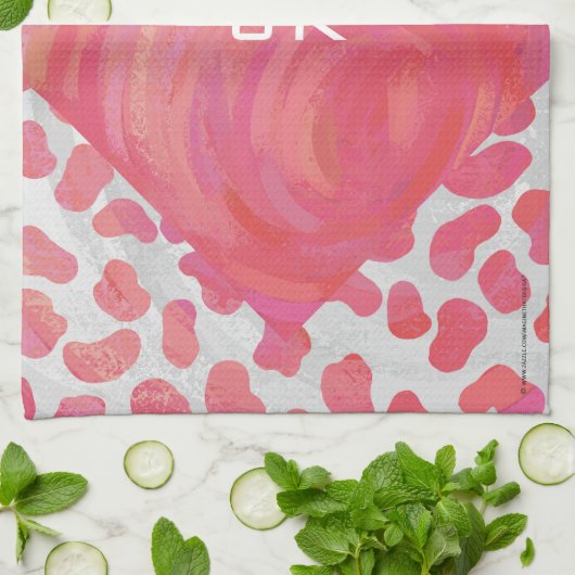 Dalmatiaans Roze en Wit met Monogram Theedoek (Gevouwen)