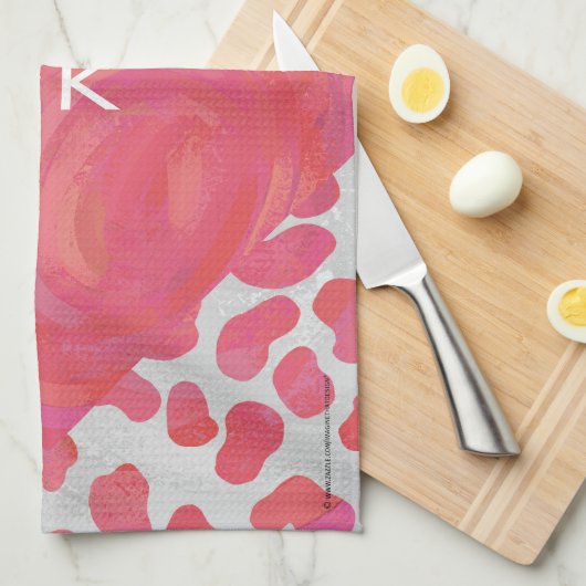 Dalmatiaans Roze en Wit met Monogram Theedoek (Quarter Fold)