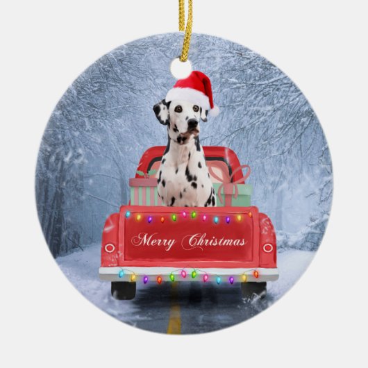 Dalmatiaanse hond op sneeuw in kerstmis keramisch ornament (Voorkant)