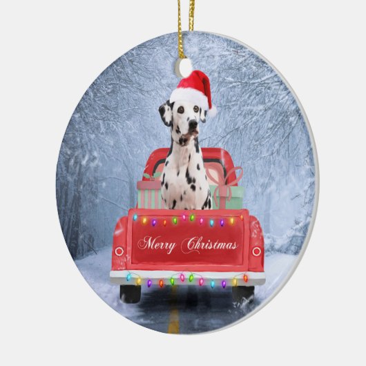 Dalmatiaanse hond op sneeuw in kerstmis keramisch ornament (Links)