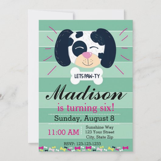 Dalmatian Birthday Invitation (groene strepen) Kaart (Voorkant)