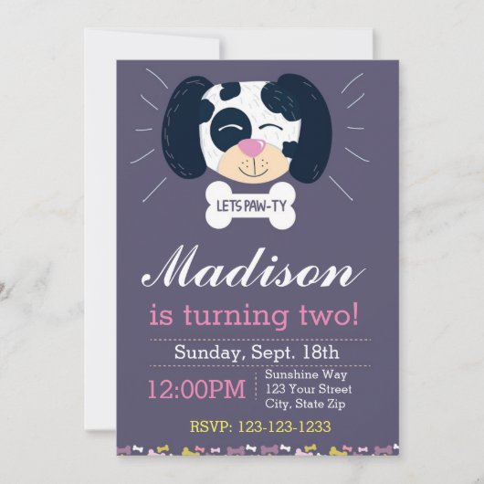 Dalmatian Birthday Invitation (paars) Kaart (Voorkant)