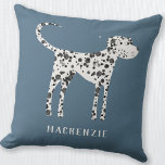 Dalmatian Dog gepersonaliseerd Kussen<br><div class="desc">Schattige gepersonaliseerde Dalmatische hondenontwerpen op een blauwgroen groene achtergrond. Verander of verwijder de naam om aan te passen. Originele kunst van Nic Squirrell.</div>