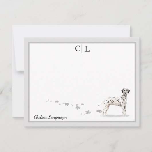 Dalmatian Dog Gray Border Monogram & Jouw naam Notitiekaartje (Voorkant)