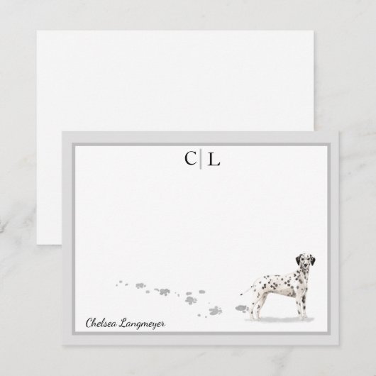 Dalmatian Dog Gray Border Monogram & Jouw naam Notitiekaartje (Voorkant / Achterkant)