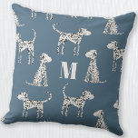 Dalmatian Dog Monogram Kussen<br><div class="desc">Kute spotted Dalmatian dog patroon op een blauwgroen groene achtergrond. Originele kunst van Nic Squirrell. Verander het monogram initiaal om zich te personaliseren.</div>