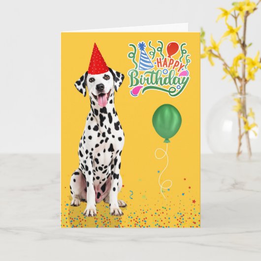 Dalmatian Dog Party Hat Yellow Birthday Kaart (Gele Bloem)