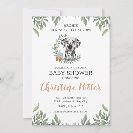Dalmatian Dog Puppy Greenery Boho Baby shower Kaart (Voorkant)