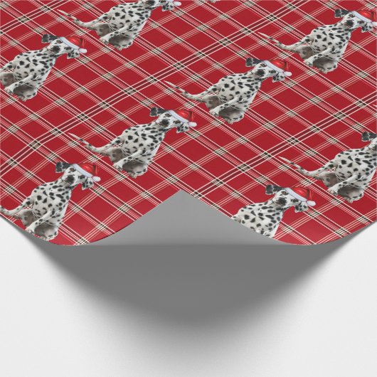 Dalmatian Dog Red Holiday Plaid Christmas Cadeaupapier (Hoek)