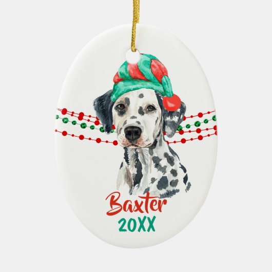 Dalmatian Dog Santa Hat Holiday String Beads Keramisch Ornament (Voorkant)