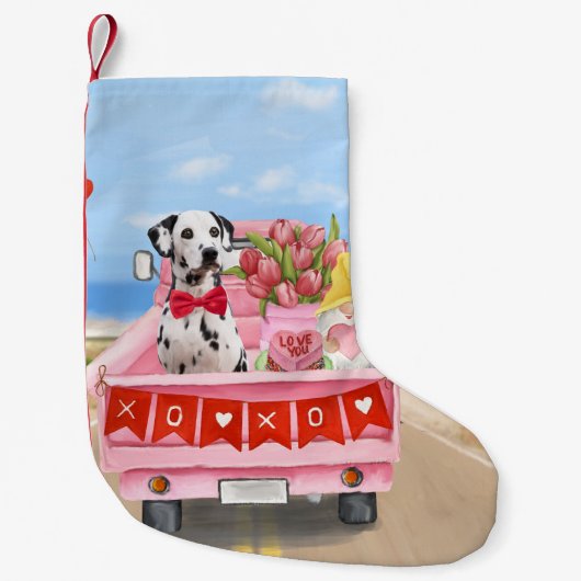 Dalmatian Dog Valentijnsdag Truck Hearts Kleine Kerstsok (Voorkant)