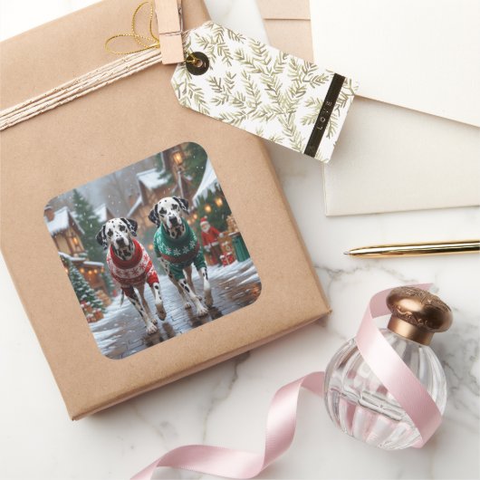 Dalmatian Dogs Christmas Snow Holiday  Vierkante Sticker (Geschenken)