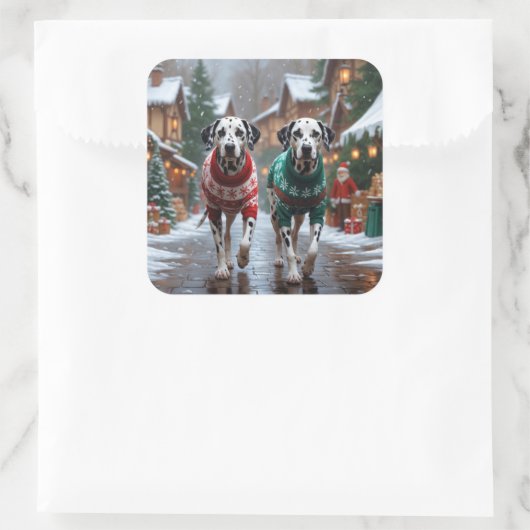 Dalmatian Dogs Christmas Snow Holiday  Vierkante Sticker (Tas)