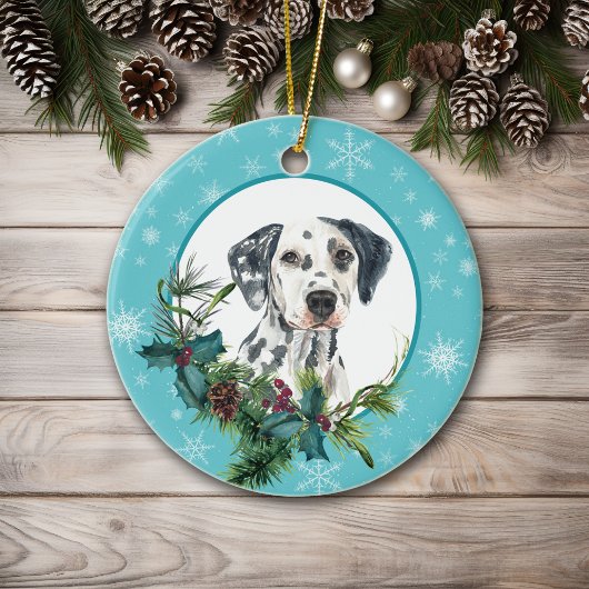 Dalmatian Evergreen Blue Snowflake Border Keramisch Ornament