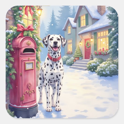 Dalmatian Festive Mailbox Christmas Art Vierkante Sticker (Voorkant)
