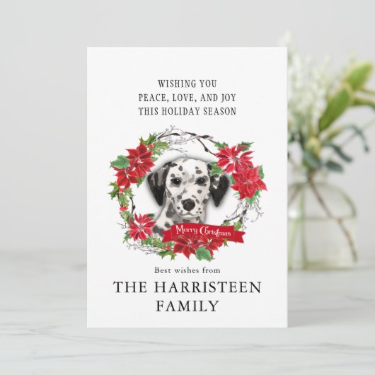 Dalmatian hond waterverf poinsettia kerst feestdagenkaart (Staand voorkant)