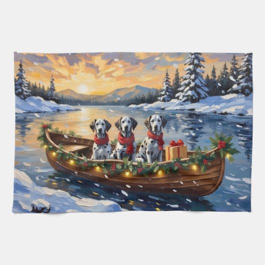 Dalmatian Kerstboot Vakantie Theedoek (Horizontaal)