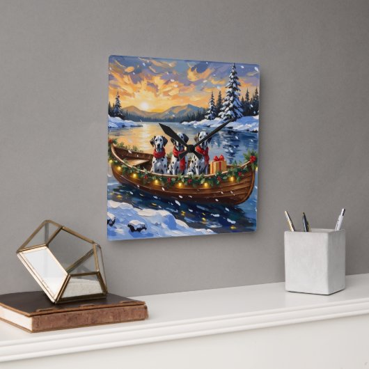 Dalmatian Kerstboot Vakantie Vierkante Klok (Kantoor)