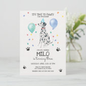 Dalmatian Lets Pawty Dog Birthday Invitation Blue Kaart (Staand voorkant)