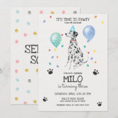 Dalmatian Lets Pawty Dog Birthday Invitation Blue Kaart (Voorkant / Achterkant)