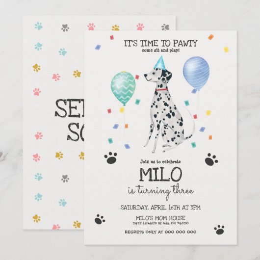 Dalmatian Lets Pawty Dog Birthday Invitation Blue Kaart (Voorkant / Achterkant)