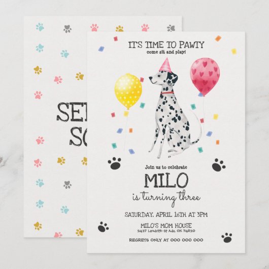 Dalmatian Lets Pawty Dog Birthday Invitation Roze Kaart (Voorkant / Achterkant)